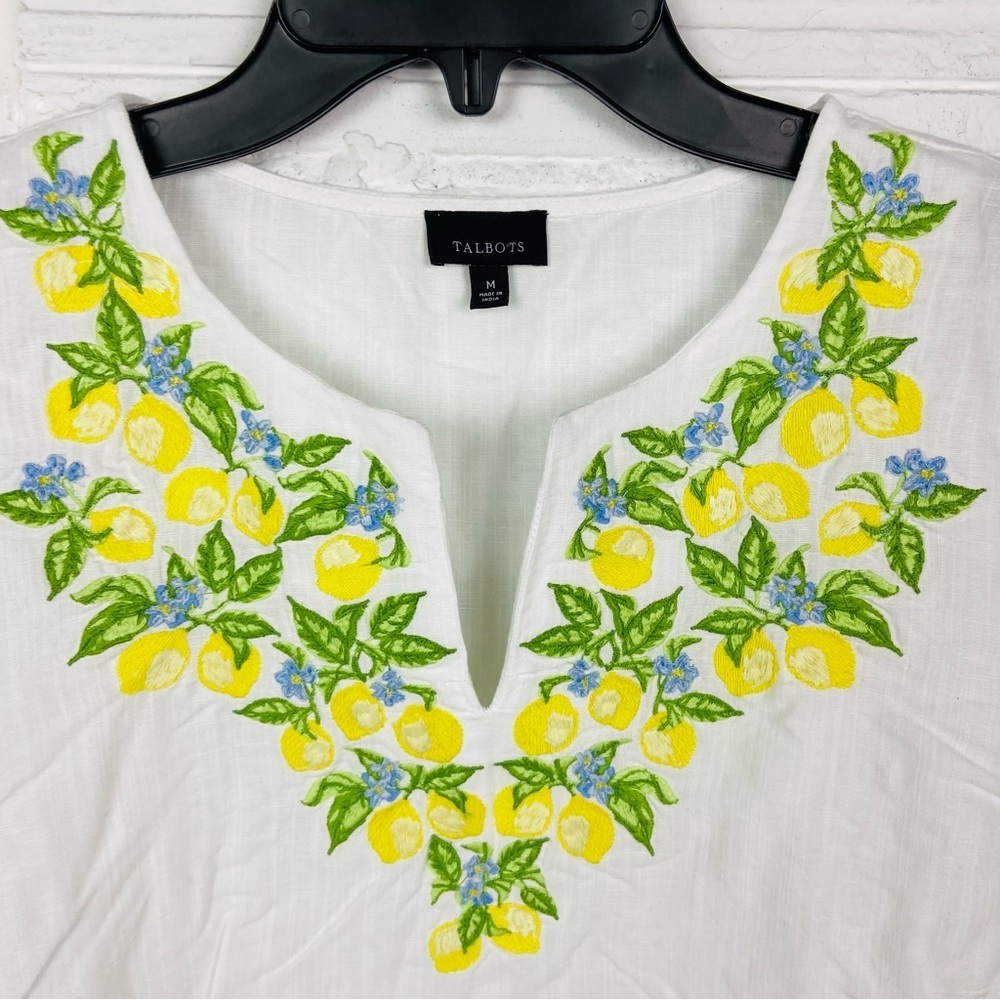 TALBOTS white lightweight lemon, embroidered linen cotton summer shirt SZ medium - Picture 15 of 15